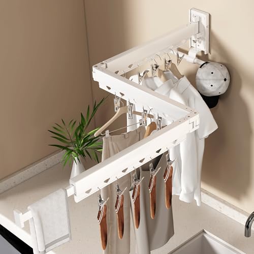 Wall Mounted Collapsible Clothes Drying Rack, Durable Space-Saving Laundry Drying Rack Clothing Hanger, Upgraded with Clips and Windproof Holes - style: Upgrde-White Rings with Clips