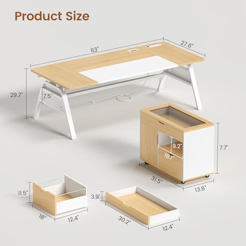 SEDETA L Shaped Computer Desk with Mobile File Cabinet & Power Outlets, Executive Home Office Desk with Storage Drawers, Pegboard, Cable Management, Reversible L Desk for Work & Gaming, White + Oak