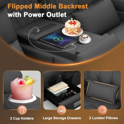 Home Theater Seating, Power Loveseat Recliner Sofa with Massage & Heat | Wall Hugger Reclining Loveseat with USB, RV Couch with LED Lights, Flip Backrest, Cup Holders for Movie Theater, Gaming Room - color: Pebbled Dark Gray, size: 72" - 2 Seats