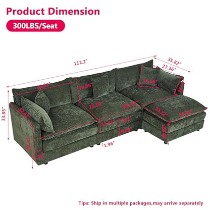 Aoowow Modular Sectional Sofa Modern Convertible L Shaped Couch,112.2 Inch Deep 3-Seater Sofas Set Comfy Chenille Cloud Sofas and Couches with Movable Ottoman for Living Room Apartment（Green） - color: Green-new, size: 3 Seat + Ottoman