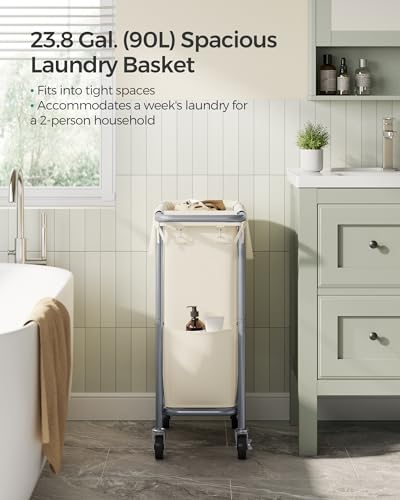 SONGMICS Laundry Basket with Wheels, Rolling Laundry Hamper, 23.8 Gallons (90 L), Removable Liner, Steel Frame with Handle, 24 x 11.4 x 31.9 Inches, Cream White URLS003W01 - color: Cream White, size: 90 L (1-Section)