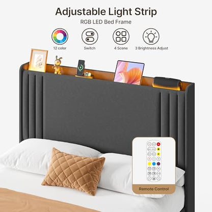 Gizoon Full Bed Frame with Charging Station and LED Lights | Upholstered Wingback Platform Bed with Padded Headboard,Wooden Slats,Noise-Free,No Box Spring Needed, Easy Assembly,Dark Grey - color: Dark Grey+led, size: Full