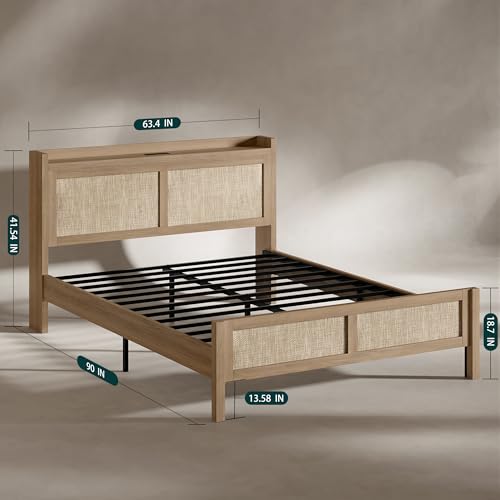 Evermagin Rattan Bed Frame Queen Size with Woven Headboard, Natural Oak | Boho Queen Platform Bed with Charging Station, Noise Free Wicker and Wood Queen BedFrame for Bedroom, No Box Spring Needed - color: Natural Oak