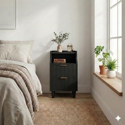 11.8" Narrow Fluted Nightstand Set of 2,Slim Side End Table with 2 Drawers,Black Modern Bedside Table,Skinny Night Stand for Bedroom,Small Space - color: Black