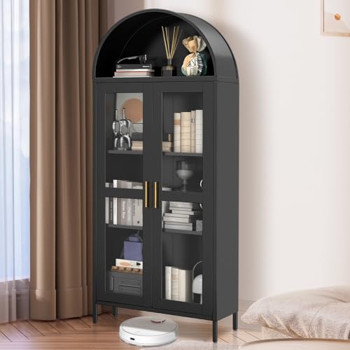 Garvee 73" Tall Arched Cabinet with Glass Doors and Adjustable Shelves | Black Arched Bookcase & Bookshelf, Freestanding Display Cabinet for Dining, Kitchen, Living Room, Powder-Coated Finish