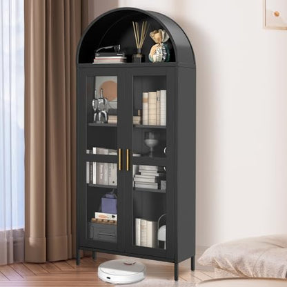 Garvee 73" Tall Arched Cabinet with Glass Doors and Adjustable Shelves | Black Arched Bookcase & Bookshelf, Freestanding Display Cabinet for Dining, Kitchen, Living Room, Powder-Coated Finish