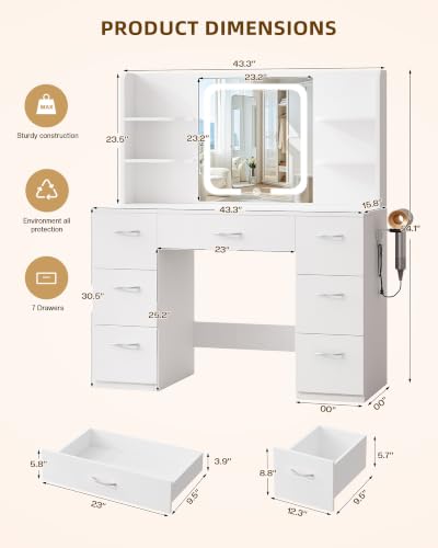 LIVELYGLOW 43" Large White Makeup Vanity Desk with Charging Station | Smart LED Mirror, Hairdryer Holder, 7 Drawers, 4 Shelves - color: White
