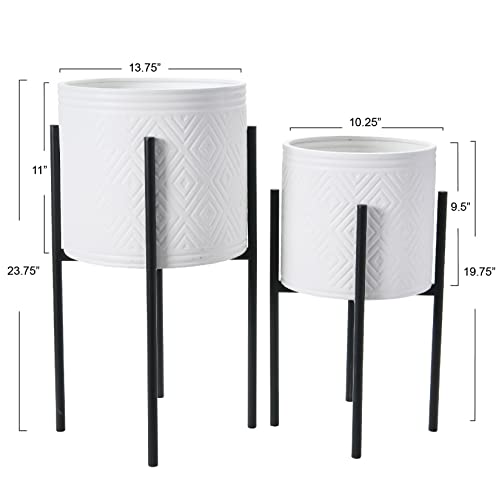 Main + Mesa Modern Boho Embossed Metal Planters with Stands, White and Black, Set of 2 Sizes - color: White/Black