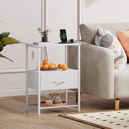 Somdot Nightstand with Charging Station & LED Light, Bedroom Bedside Table | Dorm, Guest Room, Kids Room, Laundry, Closet, Entryway and Hallway, White - color: White, size: 11.8"D x 15.7"W x 23.4"H (1 Drawers)