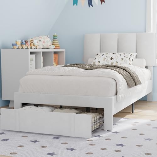 VECELO Twin Bed Frame with Storage Drawer, Heavy-Duty Platform Bedframe with Headboard & Strong Wooden Slats Support, No Boxing Spring Needed, Pure White - color: Pure White, size: Twin, style: Bed Frame With Drawers