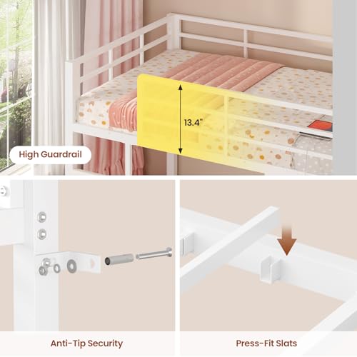 ADORNEVE Low Bunk Bed Twin Over Twin with Bookshelf, Drawers, White | Metal Floor Bunk Bed with RGB Lights, Charging Station, Toy Organizer, Safety Guardrail & Ladder, Small Space - color: White