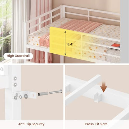 ADORNEVE Low Bunk Bed Twin Over Twin with Bookshelf, Drawers, White | Metal Floor Bunk Bed with RGB Lights, Charging Station, Toy Organizer, Safety Guardrail & Ladder, Small Space - color: White