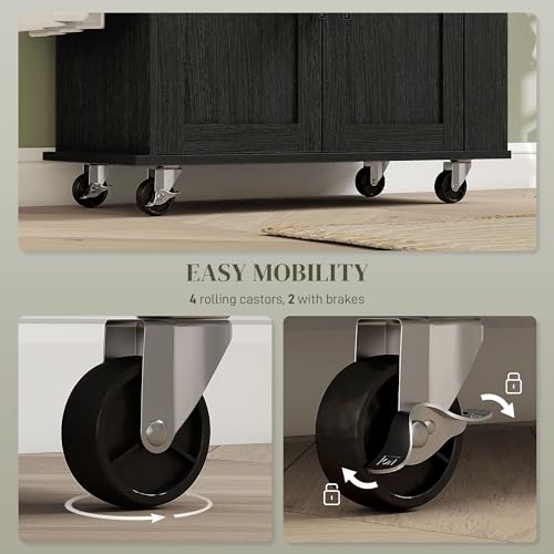 HOMCOM Kitchen Island with Storage Microwave Stand AC Outlets Black | USB Ports, Rolling Kitchen Cart, Towel Rack, Spice Rack - color: Black