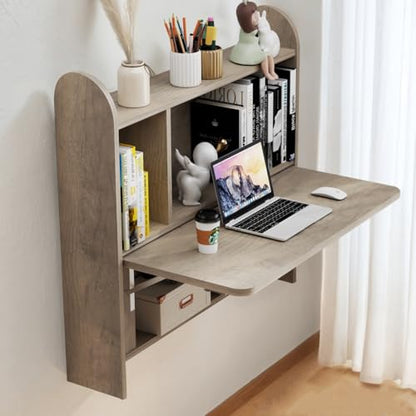 Wall Mounted Drop-Leaf Table, Floating Laptop Desk, Folding Table with Shelves, Multifunctional Computer Workstation with Storage Compartments in Home Office for Space Saving (Rustic Oak) - color: Rustic Oak