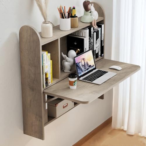 Wall Mounted Drop-Leaf Table, Floating Laptop Desk, Folding Table with Shelves, Multifunctional Computer Workstation with Storage Compartments in Home Office for Space Saving (Rustic Oak) - color: Rustic Oak