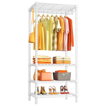 H4 Mini Portable Closet, 4 Tiers Freestanding Clothing Garment Rack for Small Space, Metal Clothes Wardrobe System for Bedroom, 23.6" W x 14" D x 76.4" H, Load 502 lbs, White | Metal Clothes Wardrobe System for Apartment, Small Space and Bedroom, Load 502