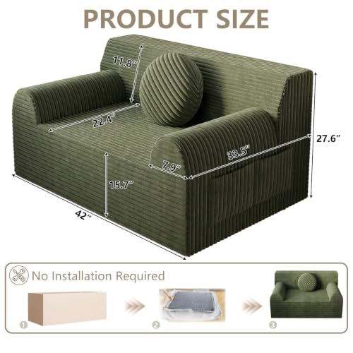 42" Boneless Oversized Chair with Side Pocket, Sofa Small Single Couch in a Box, Deep Seating Boneless Chair for Bedroom Living Room Office Apartment, No Assembly, Green - color: Green, size: 42'' Style 3