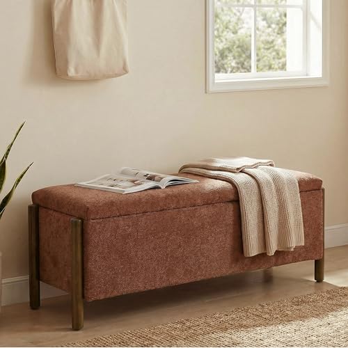 Usaint 47" Fabric Upholstered End of Bed Storage Ottoman Bench, Rusty | Entryway Bench with Storage and Rubberwood Legs, 24.5 Gallons Storage Space, Hinged, for Bedroom, Living Room - color: Rusty Red