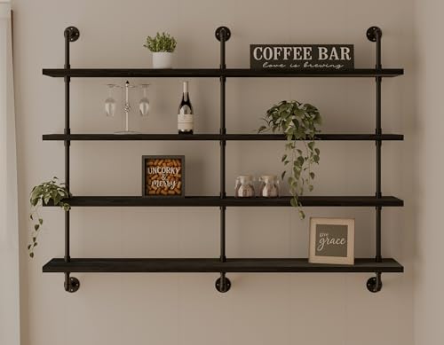 HDDFER Floating Shelves for Wall Bookshelf Industrial Pipe Shelving Shelves 60 Inch Natural Wood Planks Rustic Wall Shelves Hanging Bookshelves Farmhouse Kitchen Shelving Black - color: Black, size: 4Tier60in