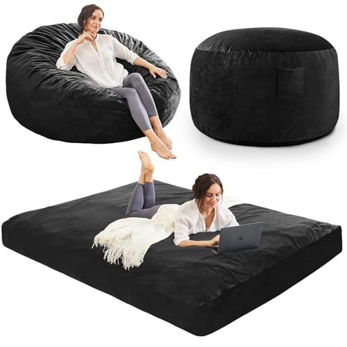 Bean Bag Chairs for Adults - Giant Bean Bag Convertible Floor Sofa | 3 IN 1 Lounger Couch Sofa, Memory Foam Filling, Removable Velvet Cover, Machine Washable, in Bedroom Living Room, Queen Black - color: Carbon Black, size: Queen