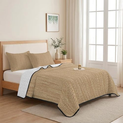 Twin Quilt Bedding Set, Minimalist Light Brown Soft Microfiber Summer Bedspread Coverlet with 2 Pillow Shams for All Season, Crosshatch Linen Textured Breathable Bedding Set for Hot Sleepers - size: Twin