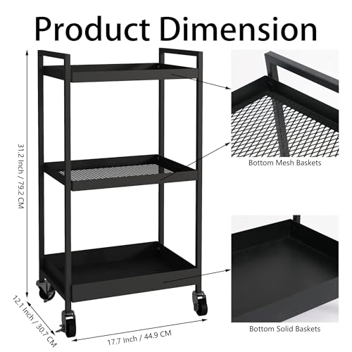 3-Tier Metal Utility Rolling Cart, Heavy Duty Multifunction Rectangular Cart with Lockable Casters, Easy to Assemble, Suitable for Office, Bathroom, Kitchen - Black - color: Black, size: 31.2"H