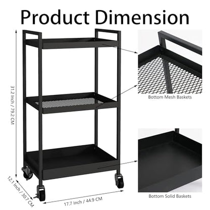 3-Tier Metal Utility Rolling Cart, Heavy Duty Multifunction Rectangular Cart with Lockable Casters, Easy to Assemble, Suitable for Office, Bathroom, Kitchen - Black - color: Black, size: 31.2"H