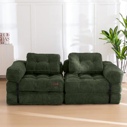 MAXYOYO Folding Sofa Bed, Convertible Chair Bed with Pillow | L-Shaped Floor Sofa with Armrest and Pillow, Foldable Portable Fold Out Comfy Chair Bed for Living Room Bedroom, Dark Green - color: Dark Green