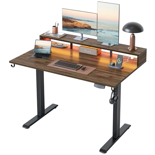 Klicelor Electric Standing Desk with Shelf, 48 Inch Height Adjustable Desk with Power Outlets & LED, Sit Stand Up Table with Monitor Stand, Computer Workstation for Home Office, Dark Walnut - color: Dark Walnut, size: 48 x 24 Inches with led and power str