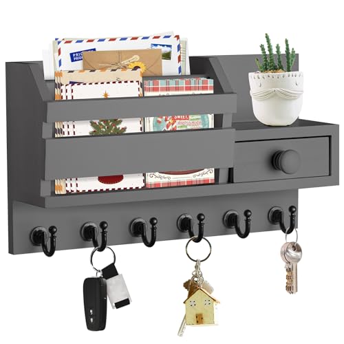 VIS'V Key Holder Wall Mount, Wooden Mail and Key Organizer, Gray | Contains Little Drawer, Small Shelf, 2 Slots, 6 Hooks, for Entryway, Hallway, Doorway, Kitchen, Garage, RV - color: Gray