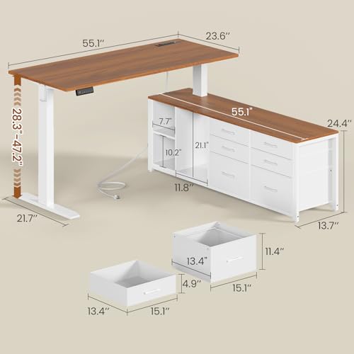 SEDETA L Shaped Electric Standing Desk, 55" x 55" Height Adjustable Office Executive Desk with 6 Fabric Drawers and Storage Shelves, Sit Stand Computer Desk with Power Outlet (White + Brown) - color: White + Brown
