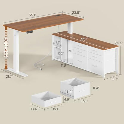 SEDETA L Shaped Electric Standing Desk, 55" x 55" Height Adjustable Office Executive Desk with 6 Fabric Drawers and Storage Shelves, Sit Stand Computer Desk with Power Outlet (White + Brown) - color: White + Brown