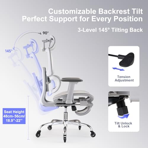 Office Chair with Footrest, Ergonomic Chair with Neck Pillow & Rubber Wheels, Computer Chair with Adjustable Backrest & 3D Armrests Headrest, Gaming Chair Adaptive Lumbar Support, Grey - color: Grey, style: Pro