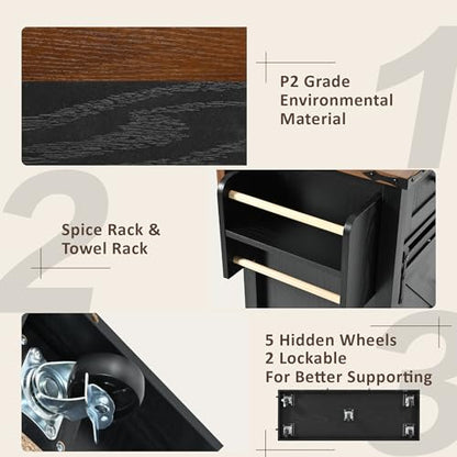 53.7" Kitchen Island with Drop Leaf & Power Outlet, Rolling Kitchen Island Cart On Wheels with 2 Sliding Barn Door, Kitchen Island Table with Storage, for Kitchen, Dining Room (Black) - color: Black