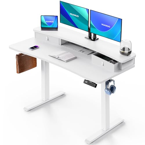 HUANUO 48″ x 24″ Electric Standing Desk with 2 Drawers, C-Clamp Mount Compatible, Height Adjustable Computer Desk, Home Office Stand Up Desk with 4 Preset Heights & 2 Hooks, White - color: White, size: 48" X 24"