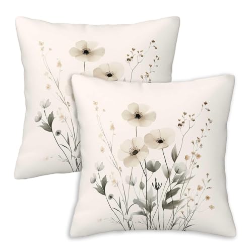 Firmiso Minimal Floral Throw Pillow Covers 18x18 Set of 2｜Neutral Decorative Cushion Covers for Couch Sofa Bed｜Soft Botanical Pillow Cases｜Farmhouse Cottage Home Decor - color: Minimal Floral