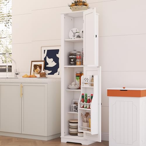 Function Home 높은 보관 캐비닛, 162.6cm(64인치) 좁은 욕실 캐비닛, 도어 보관 선반이 있는 독립형 주방 식료품 저장실, 주방 다이닝 거실용 나무 슬림 바닥 캐비닛, 화이트 - color: 슬림 화이트, size: 15.8"Wx11.81"Dx64"H