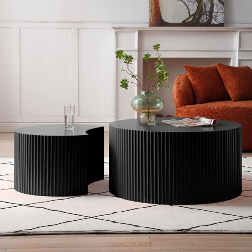 Nesting Coffee Table Set of 2, Round & Crescent Moon Wooden Coffee Tables, Modern Luxury Accent End Tea Table for Living Room Apartment (Black-Round) - color: Round & Crescent Nesting Set, Black