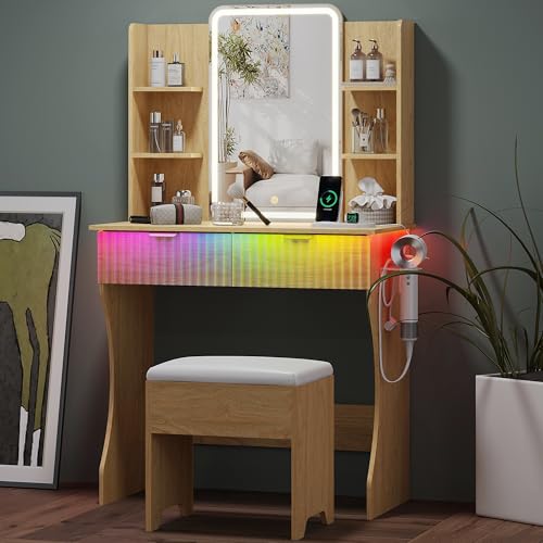 Small Vanity Desk with Mirror and Lights, Makeup Vanity with LED Lighted Mirror, Fluted Vanity with Lights Desk and Chair, 3 Lighting Adjustable Dressing Table with Charging Station for Women,Girls - color: Oak, size: 29.88x15.09x51.30 in