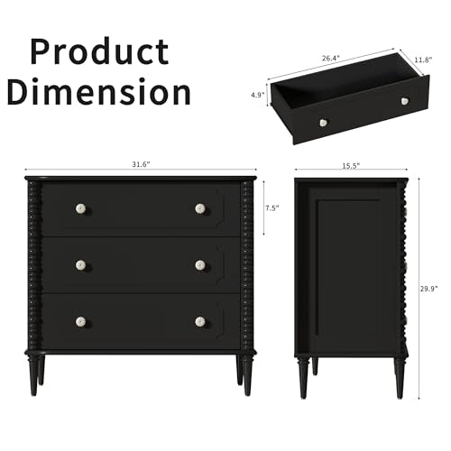 3 Drawer Dresser, 32 inch Wide Dresser for Bedroom, Modern Wood Chest of Drawers, Turned Legs Nightstand with 3 Drawers for Dorms, Hallway, Entryway - color: Black, size: 15.5"D x 32"W x 30"H (3 Drawers)