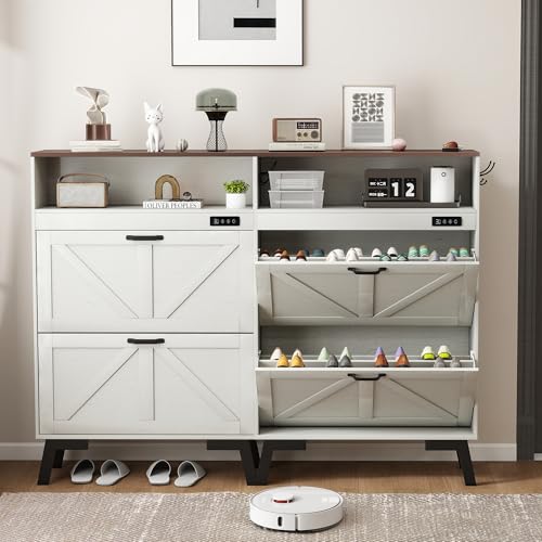 Shoe Cabinet with Deodorizer, Narrow White Entryway Storage, Anti-Tip | Deodorizer with 4 Modes | 2 Flip Drawers | Adjustable Shelves | Narrow White Design | Anti-Tip Kit | 9.4"D x 31.4"W - size: 47"H x 34.1"W x 9.4"D