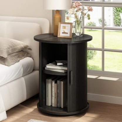 Wnutrees Round Fluted End Table, Small Accent Pedestal Side Table, Black | Wood Nightstand with Sliding Door & 2 Tier Shelf, Bedside Unit for Living Room, Bedroom - color: Black