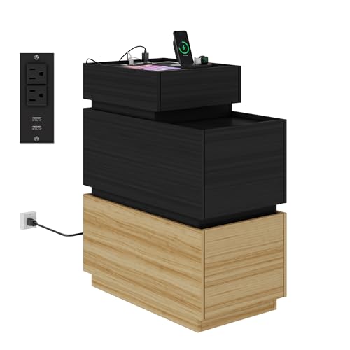 End Table with Charging Station, Nightstand with Drawers and Storage | Narrow Side Table with USB Ports and Power Outlets for Living Room and Bedroom, Black and Brown