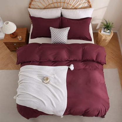 JSD Burgundy Duvet Cover Set Twin Size | 2 Piece Kids Duvet Cover with Pillow Sham Zipper Closure, Comforter Not Included, Oeko-Tex Certified - color: Burgundy, size: Twin