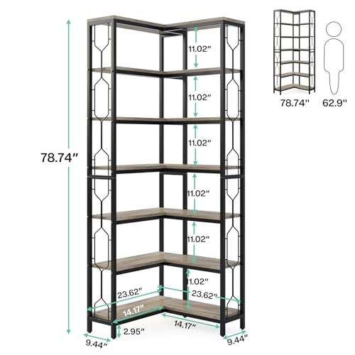 Tribesigns Corner Shelf, 7-Tier Industrial Corner Bookshelf and Bookcase | Freestanding Display Shelf for Living Room, Wood and Metal Corner Book Shelves, Corner Bookcase for Home Office, Gray - color: Grey