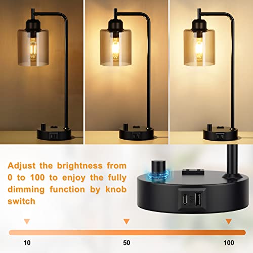 Innqoo Industrial Small Desk Lamp for Nightstand - Amber Clear Glass Shade Table Lamp with USB C Port, Fully Dimmable Black Bedside Lamp with USB Port and Outlet, Bedroom Lamp for Reading Office - color: Amber