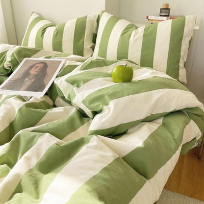 LifeTB Sage Green and White Striped Duvet Cover Set Twin, 100% Washed Microfiber Soft Breathable Striped Bedding Set, 3 Pieces Retro Stripes Pattern Printed Comforter Cover with 2 Pillowcases - color: 09# Sage Green Striped, size: Twin(68"x86")