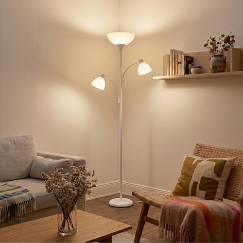 Brightech Sky Dome Double – High Brightness Torchiere Floor Lamp with 2 Reading Lights for Living Rooms, Bedrooms – Replace Halogen Standing Lamps with Efficient LED Office Lighting - Tall White Pole - color: White