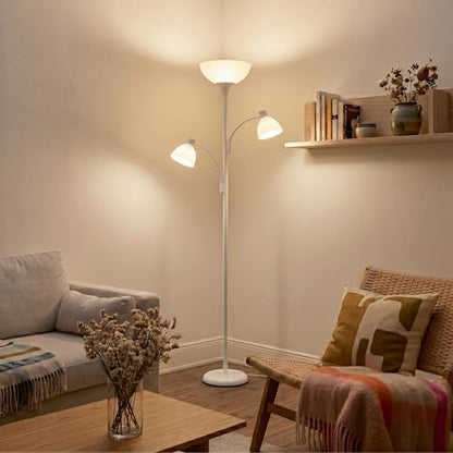 Brightech Sky Dome Double – High Brightness Torchiere Floor Lamp with 2 Reading Lights for Living Rooms, Bedrooms – Replace Halogen Standing Lamps with Efficient LED Office Lighting - Tall White Pole - color: White