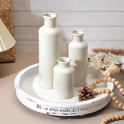White Ceramic Vase Set of 3, Rustic Vase for Farmhouse Shelves Waterproof | Farmhouse Vases for Pampas Grass & Dried Flowers, Rustic Vase for Table Bookshelf, Living Room - color: 3pcs-crack White